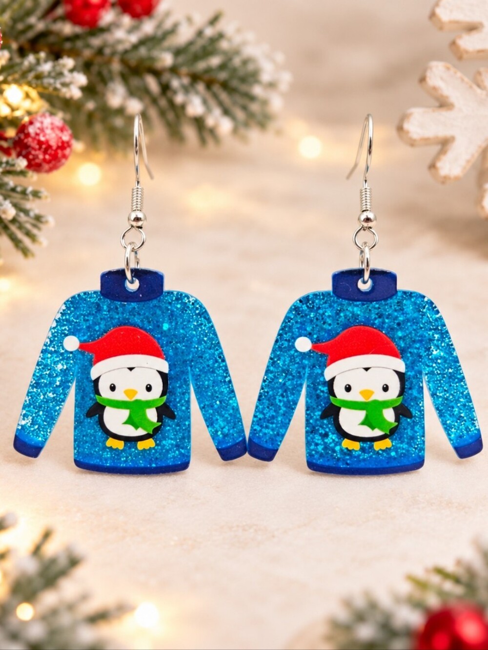 Blue Glitter Penguin Sweater Earrings Santa Hat Acrylic Christmascore Kitsch NWT